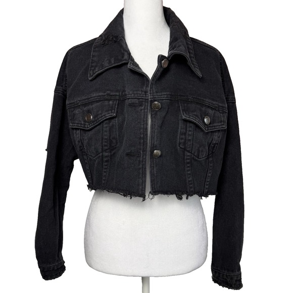 PRETTY LITTLE THING Denim Crop Jacket Women's Size 2 Washed Black Raw Edge - Picture 2 of 5